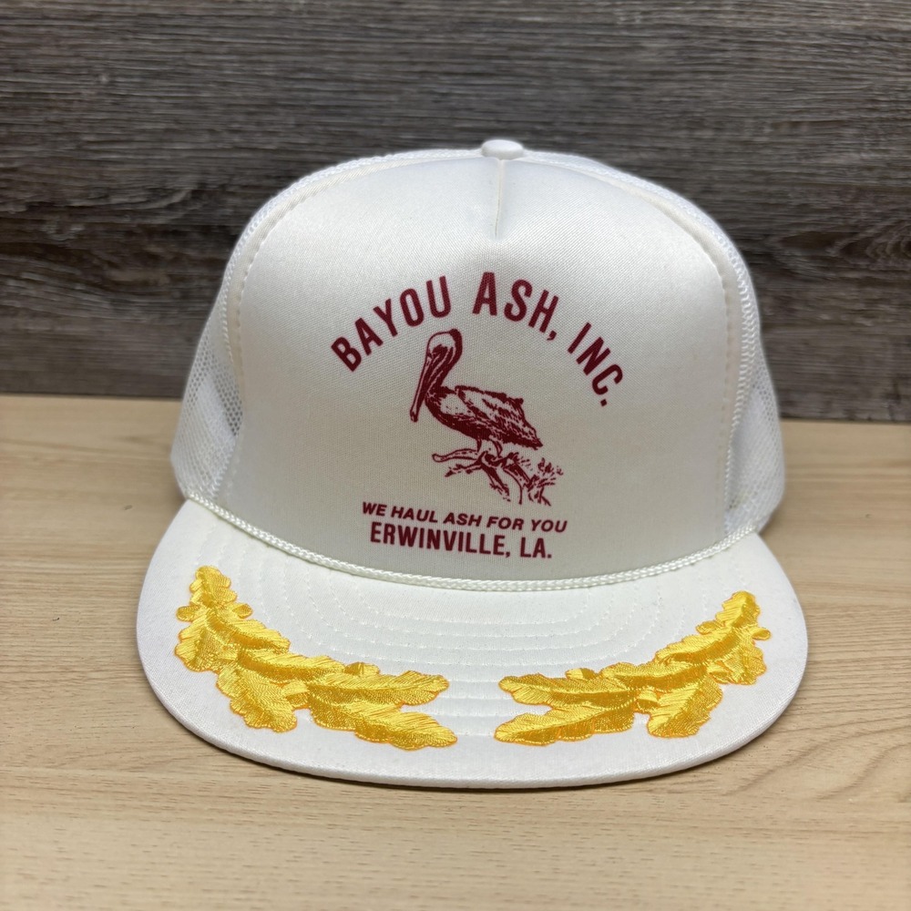 Vintage Bayou Ash Inc Hat Cap Snap Back White Trucker Mesh Embroidered